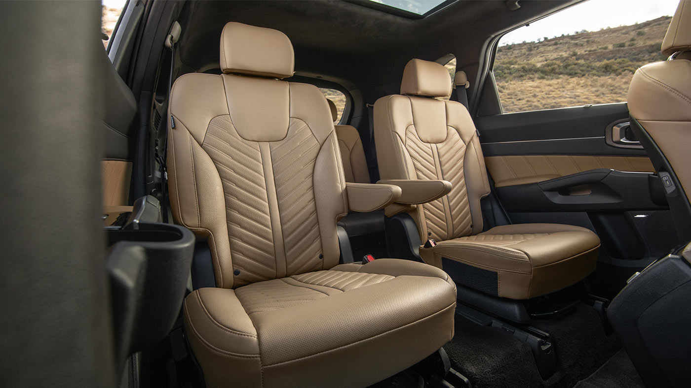 The supportive seats of a 2025 Kia Sorento. 2026 Kia Sportage vs 2025 Kia Sorento at Lally Kia in Chatham, ON